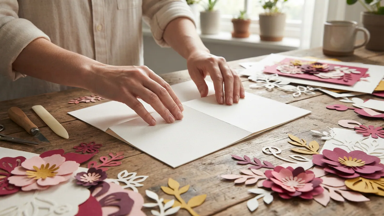 A close-up of hands folding coloured paper, with various paper-cut shapes on a wooden table.