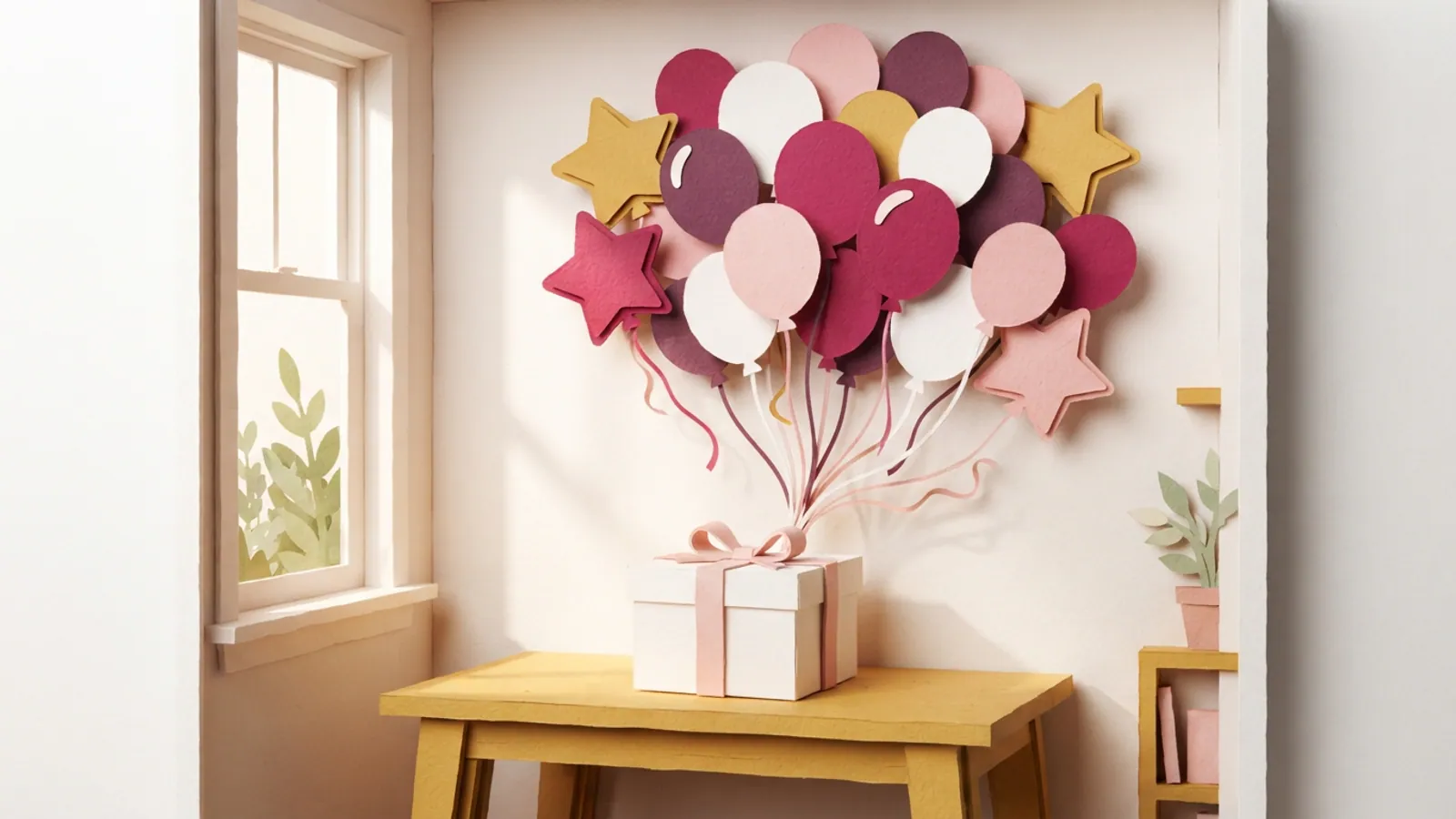 A vibrant cluster of balloons floats above a plain gift box in a sunlit room.