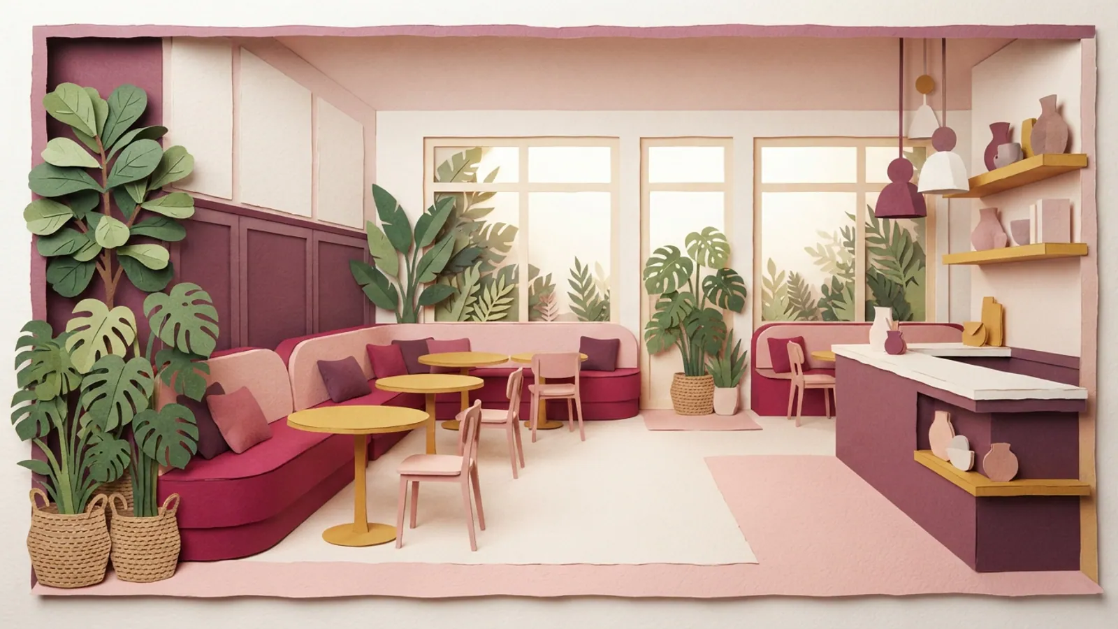 An empty contemporary cafe space with curved banquettes, simple tables, and tropical plants.