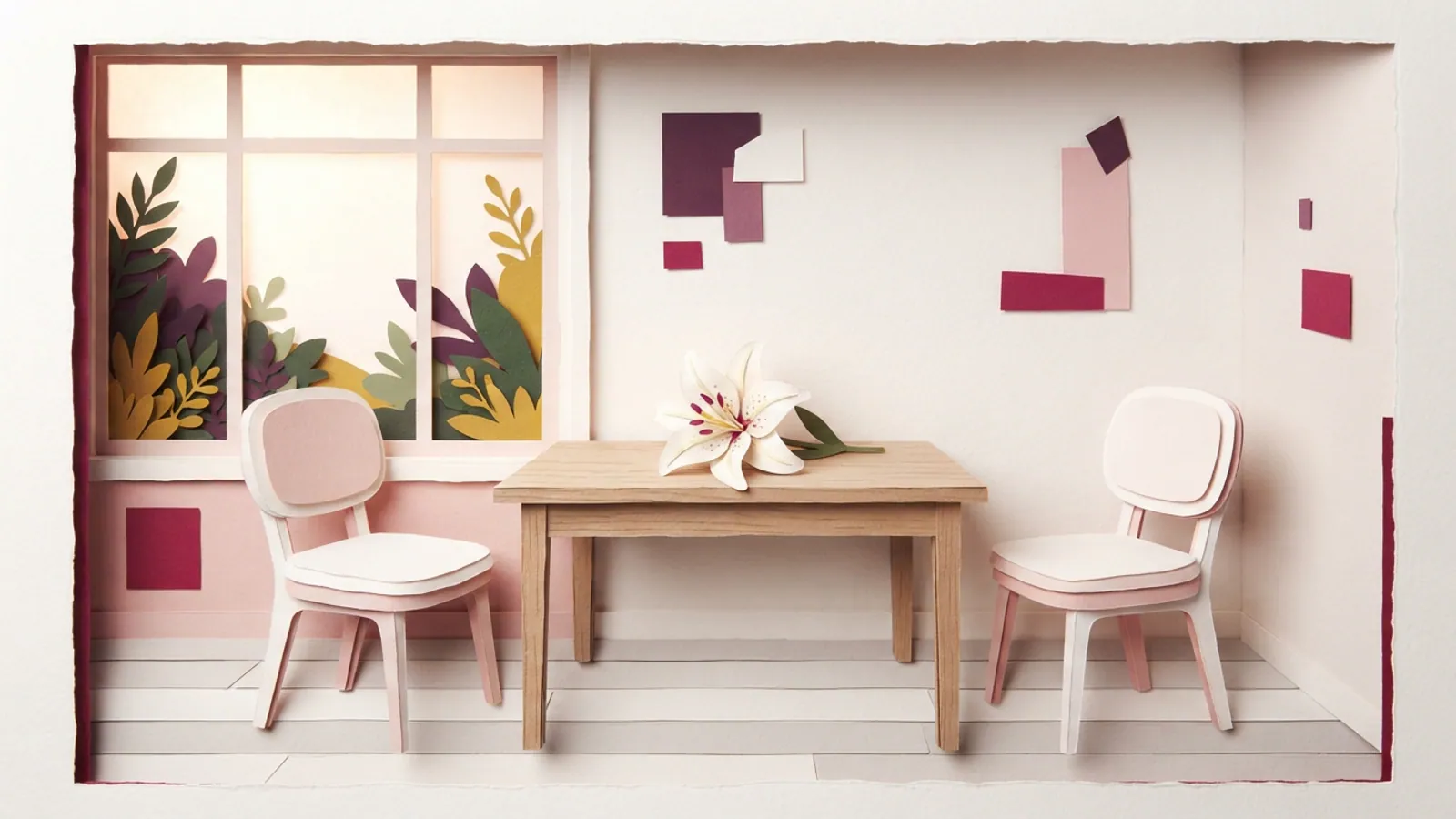 A serene consultation room with a white lily on a table and two empty chairs.
