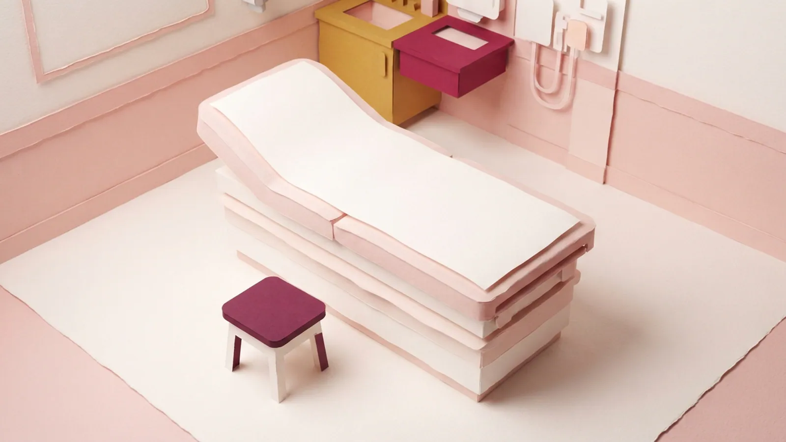 An overhead view of a sterile, quiet medical room with an empty examination bed.
