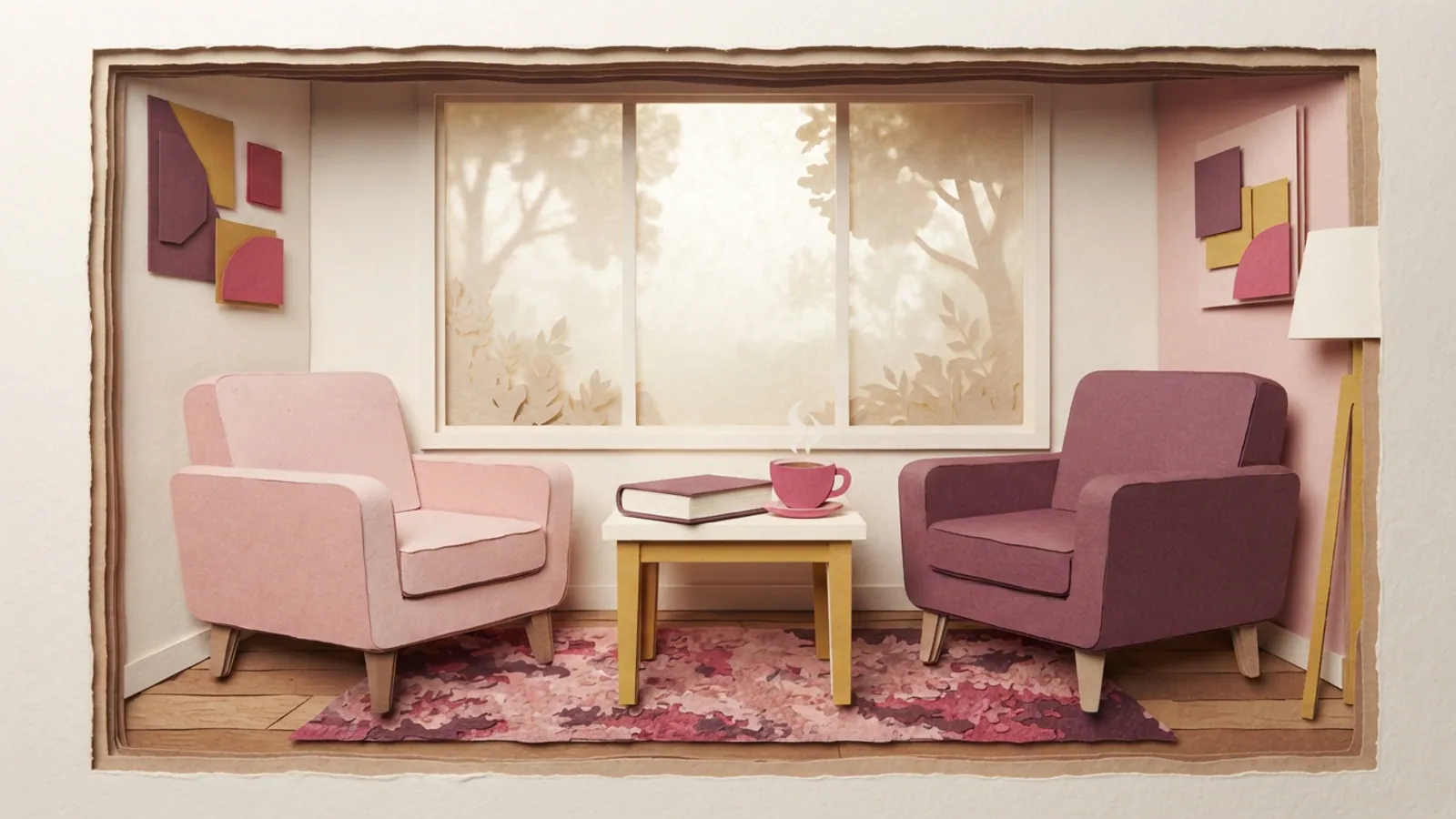 A calming waiting area with two armchairs, a side table, a closed book, and a cup of tea.