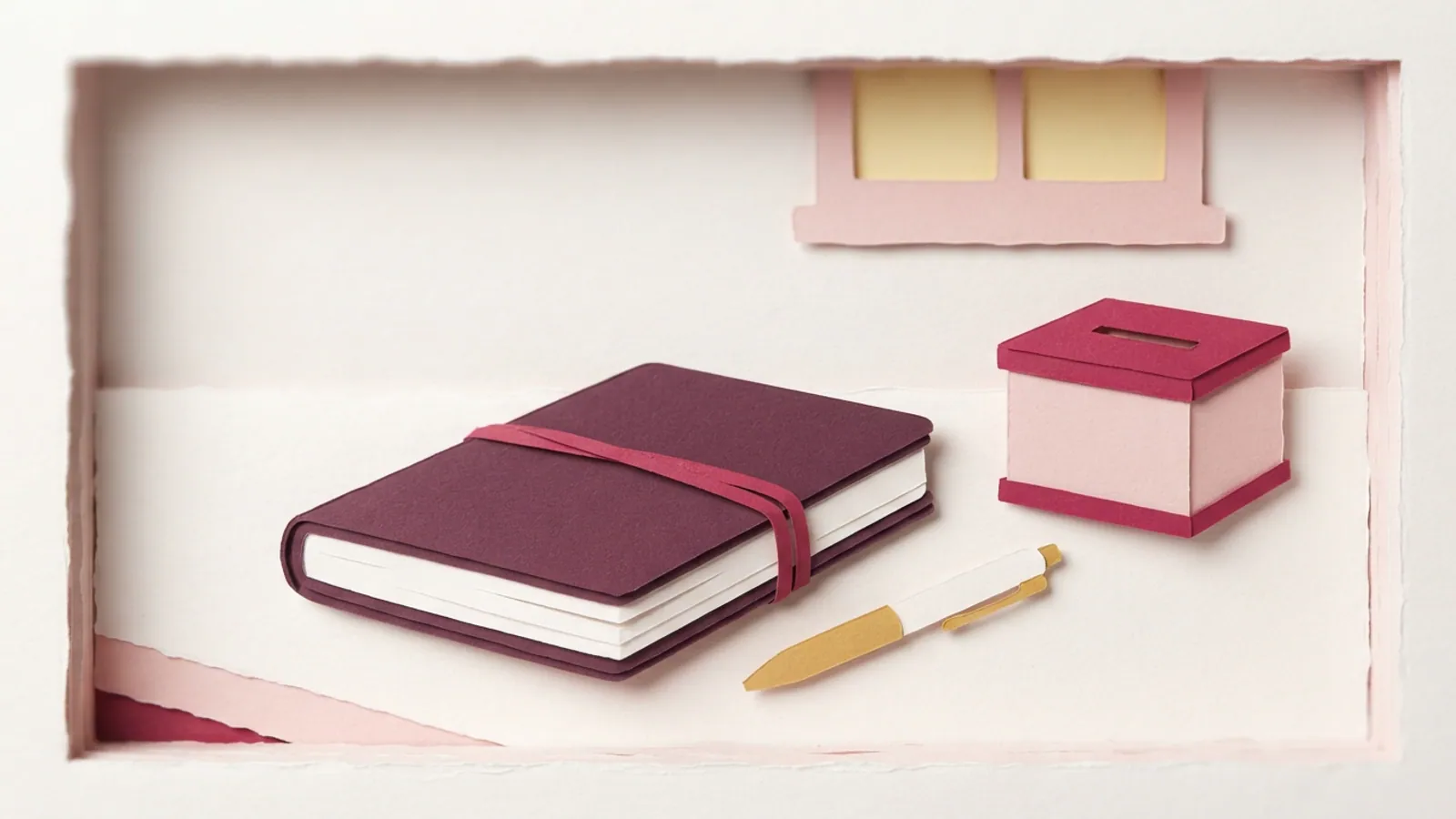 A quiet office desk with a closed notebook, a pen, and an unlabelled money box.