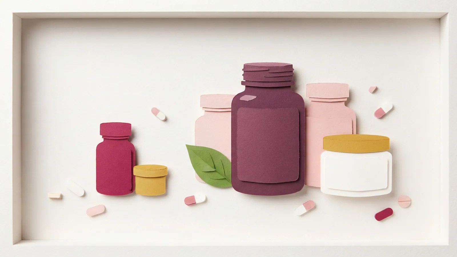 An overhead view of unlabelled health supplement bottles and loose capsules.