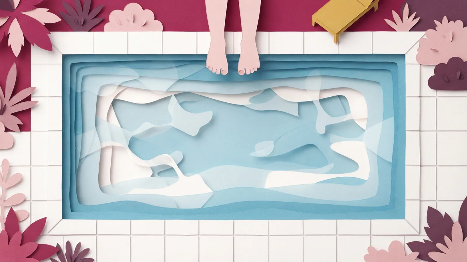 An overhead view of a swimming pool with feet dangling into the water.