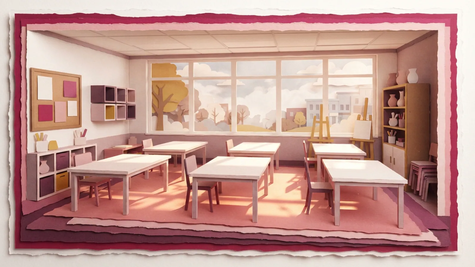 An empty workshop space with arranged tables and chairs.