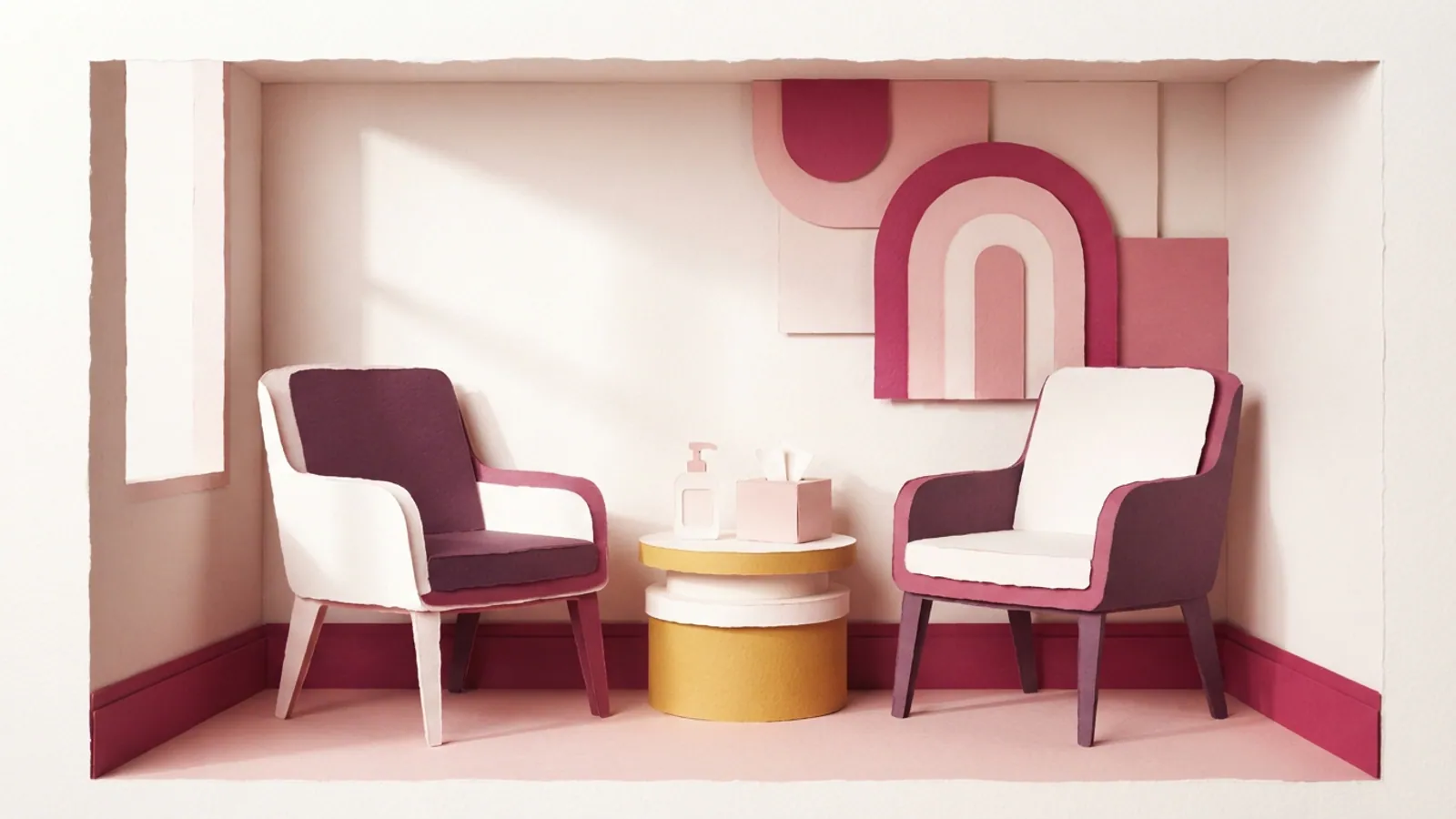 A quiet corner of a medical clinic waiting room with two empty chairs.