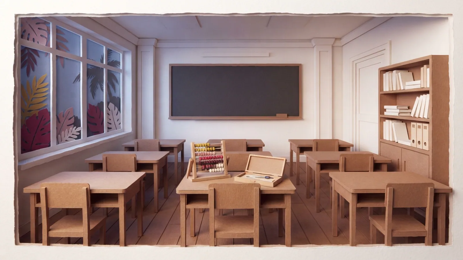 An empty classroom at dusk with wooden desks and an abacus on one table.