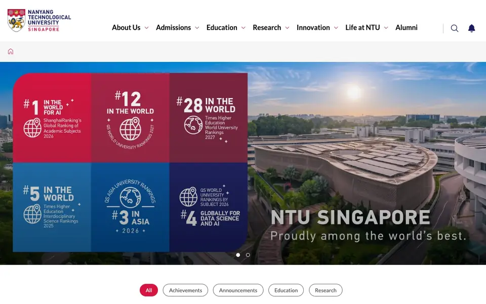 Nanyang Technological University website homepage, 4 Oct 2026