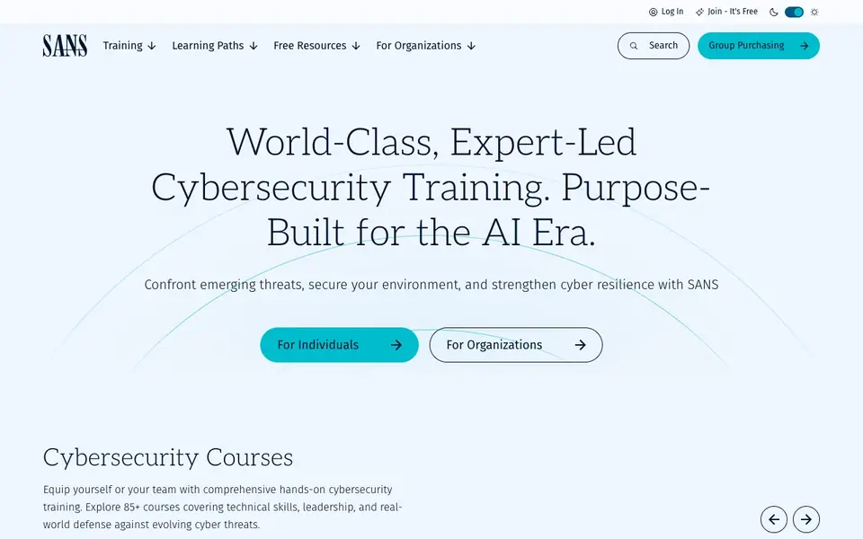 SANS website homepage, 4 Oct 2026